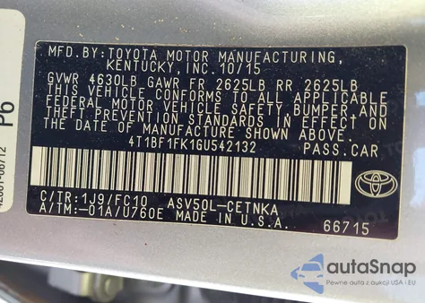 2016 Toyota Camry Le from USA, damaged, VIN 4T1BF1FK1GU542132